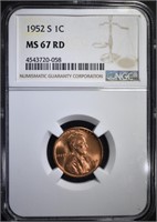 1952-S LINCOLN CENT, NGC MS-67 RED