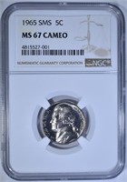 1965 SMS JEFFERSON NICKEL, NGC MS-67 CAMEO