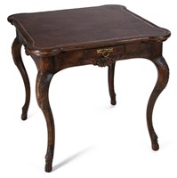 A NICE BAKER COUNTRY FRENCH CARD TABLE W/ LEATHER