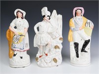 THREE 19TH CENT STAFFORDSHIRE POTTERY FIGURES