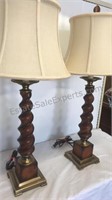 Pair of spiral wood and brass table lamps