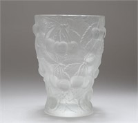 Lalique-Manner Frosted Glass Vase, w. Cherry Motif