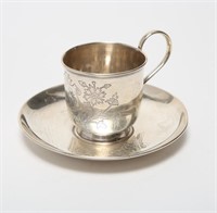 Russian Silver Tea Cup & Saucer, Antique 19th C.