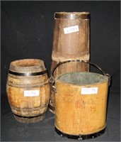 3pcs Antique Handcrafted Wood Barrel & Buckets Lot