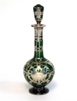 Art Nouveau Green Glass Decanter, Silver Overlay