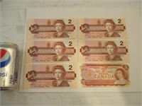 6 billets de $2 non circulé , 5x 1986 et 1x 1974