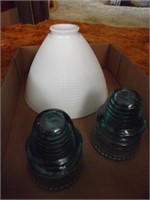 GLASS LAMP SHADE & TWO INSULATORS
