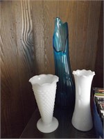 THREE ART GLASS VASES~BLUE VASE IS 20" TALL