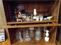 TWO SHELVES GLASS CONTAINERS & DECORATIVE ITEMS