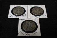 1916-P-D-S Set of 3 Walking Liberty Half Dollars