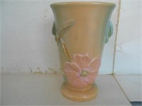 6 1/2"Tall Tan Green and Pink Pottery Vase