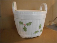Holly Print Painted White Ceramic Basket