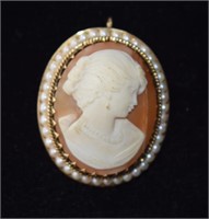 Vtg 14kt Gold Cameo Brooch / Pendant w/Seed Pearls