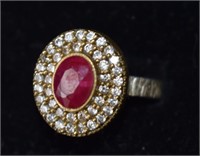 Sterling Silver Ring w/ Ruby & White Stones Sz 9