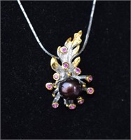 Sterling Silver Necklace w/ Rubies & Pearl
