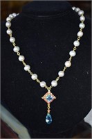 Pearl Necklace w/ Blue Topaz & Rubies - Sterling