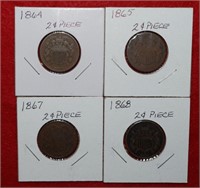 (4) Two Cent Pieces, 1864, 1865, 1867 and 1847