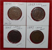 (4) Large Cent Coins, 1840, 1843, 1845 and 1847