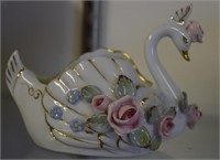 Vtg Hand Glazed Swan Vase w/ Bone China Flowers