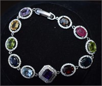 Sterling Silver Bracelet w/ Ruby, Sapphire, Topaz,