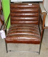 Mid Century Modern Brown Leather Side Arm Chair