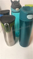 3 travel mugs and water bottle