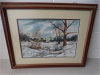 Snow scene, framed, 13 1/2" x 19 5/8"
