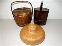 Oriental woven hat 14 1/2"D, basket w/lid-11"H x