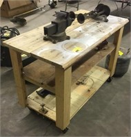 Rolling wood shop bench and remaining contents