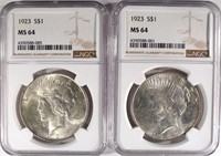 2-1923 PEACE SILVER DOLLARS, NGC MS-64