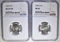 2 JEFFERSON WAR NICKELS: 1943-S NGC MS 65 5FS &