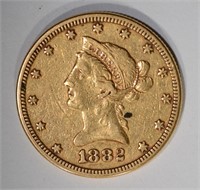 1882 $10.00 GOLD LIBERTY, VF/XF
