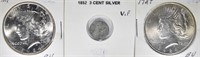 LOT OF 3: 1852 3 CENT SIVER (Damaged) &