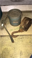 Vintage galvanized minnow bucket, antique wood