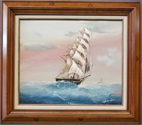 Signed Tall-Mast Sailing Ship On Canvas