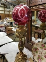 BRASS BANQUET LAMP WITH 31" ETCHED CRANBERRY  ROU