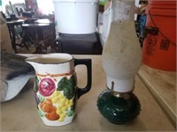 FRUIT PITCHER AND GREEN OIL LAMP
