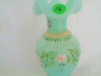 Fenton Green HP vase Designed by M Reynolds