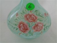 Fenton HP Green Opal Lattice  Vase Signed George