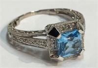 14k White Gold, Diamond & Swiss Blue Topaz Ring