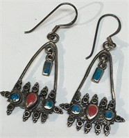 Sterling Silver, Turquoise & Coral Earrings