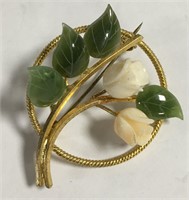Jade And Coral Carved Floral Pin