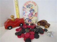 Early wooden checkers & cars