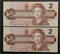 (2)  1986  $2  Bank of Canada notes  Gem CU