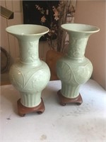 Pair of Celadon Glaze Vases with Stands