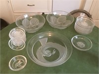 Group of Etched Glass Bowls & Plates