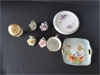 Bisque roses, footed egg, cup, hot plate, dish