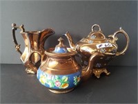 Copper Luster pitcher & 2 teapots