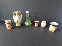 Vienna vase, green depression shaker, mugs