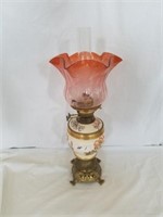Worcester oil lamp w/ cranberry shade